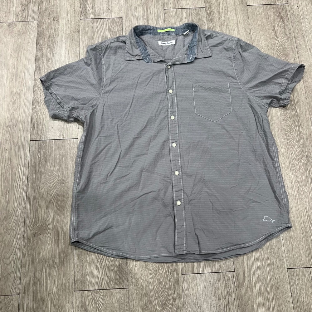 Tommy Bahama Mens Gray Short Sleeve Button Down Shirt Palm Tree Logo Size XXL